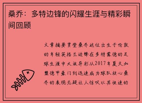 桑乔：多特边锋的闪耀生涯与精彩瞬间回顾