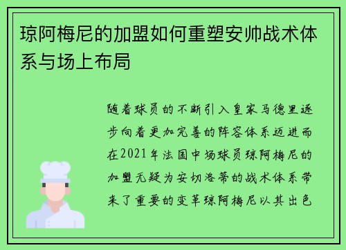 琼阿梅尼的加盟如何重塑安帅战术体系与场上布局