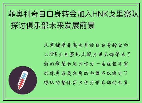 菲奥利奇自由身转会加入HNK戈里察队 探讨俱乐部未来发展前景