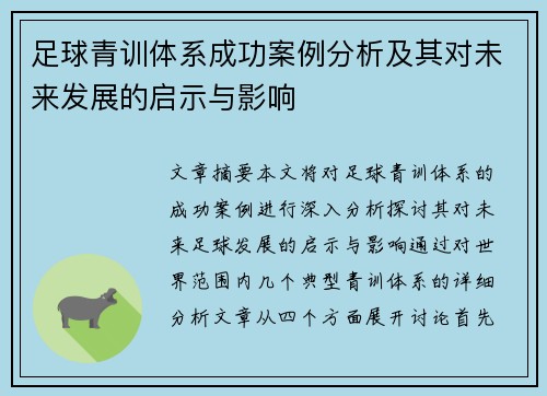 足球青训体系成功案例分析及其对未来发展的启示与影响